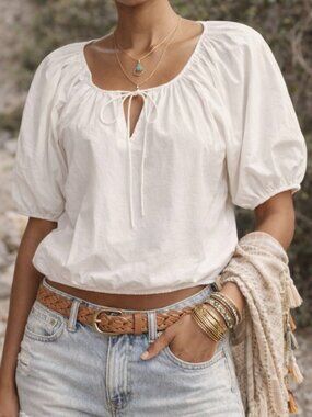 Lucky Brand White Cotton Poplin Top Milkmaid Cottagecore Peasant Boho Medium
